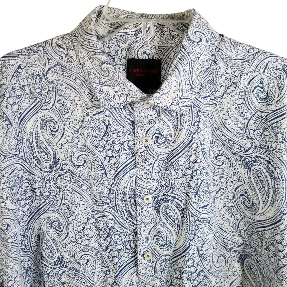 Linea Uomo Mens 2XL Shirt Linen Blend Short Sleeve Button‎ Blue Paisley All Over